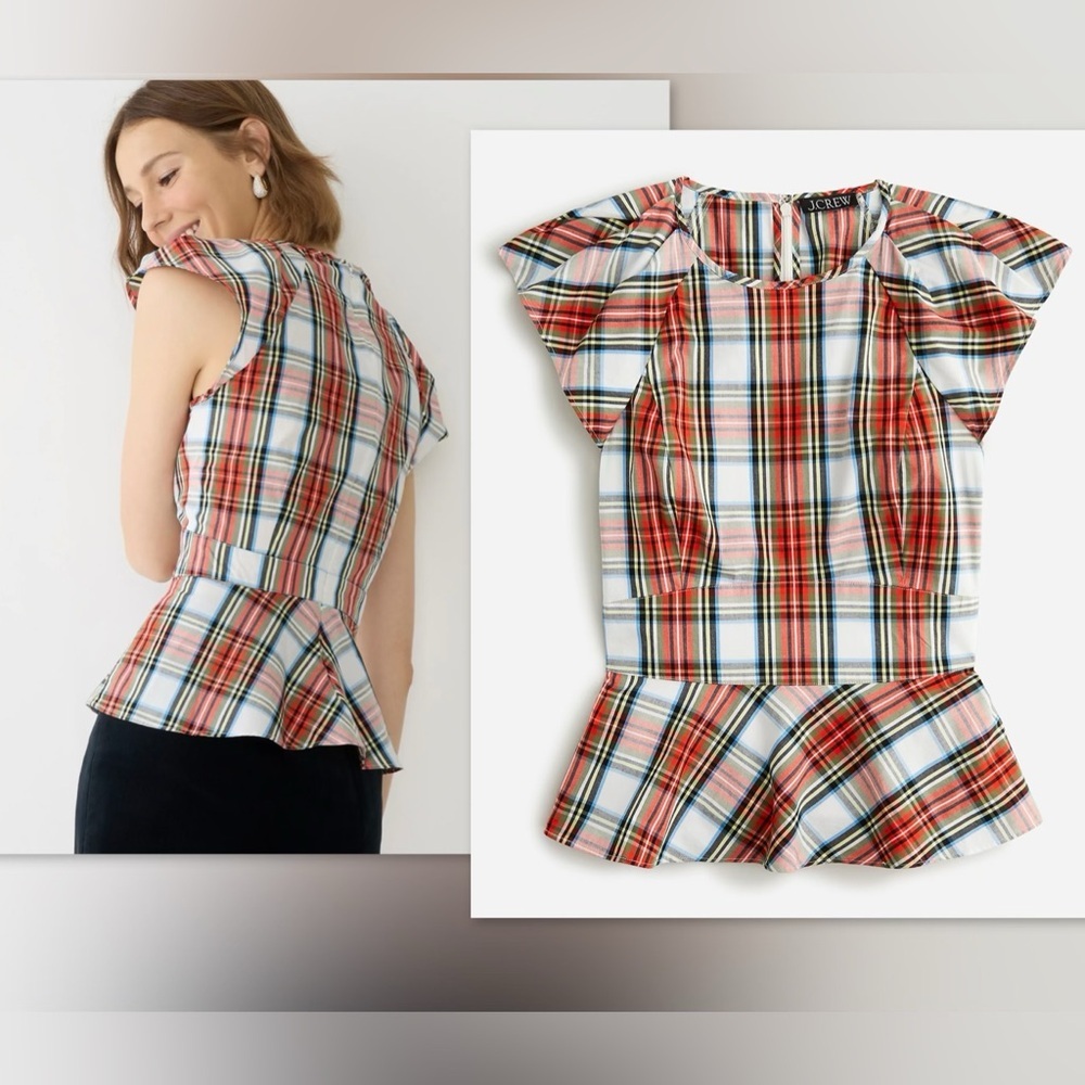 🎄J Crew Cap-sleeve peplum top in Snowy Stewart Tartan Plaid in Ivory, 12